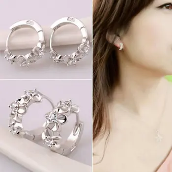 1 Çift Moda Kadın Gümüş Narin Çiçek Kristal Rhinestone Zarif Küpe Mücevher Hoop Damızlık Kaplama