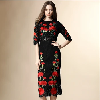 2016 Yaz Yeni Avrupa Tarzı Vintage Çiçek Nakış Siyah Dantel Yarım Kollu Artı Boyutu Kadınlar Yaz Uzun Maxi Elbise Vestido