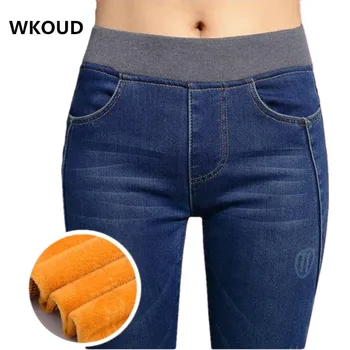 WKOUD 2017 Kış Kot Kadınlar Altın POST'u Sıcak Sıcak Kot Pantolon Yüksek Bel Kalem Pantolon Kalınlaşma Kadın Kot Pantolon P8035