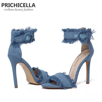 PRİCHİCELLA mavi kot ayak bileği kayışı yüksek topuk hakiki deri yaz stiletto topuklu sandalet