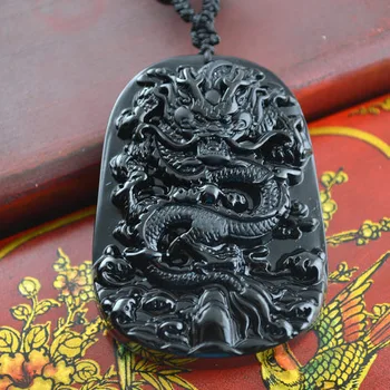 Erkekler İçin Antik Çin Ejderha Sembolü Emperyal Güç Kolye Siyah Obsidyen Oyulmuş Takı ve Mücevher
