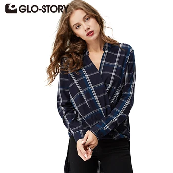 GLO-HİKAYE Kadın Bluz 2017 Ekose Gömlek Rahat Kontrol kadın Bluz giyim Moda Ofis Bluz Bayan WC-3010 Üstleri