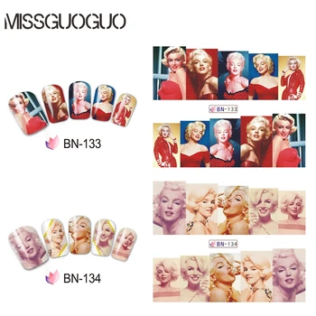 BN133-144 seksi Marilyn Monroe tırnak çıkartma su çıkartma kırmızı dudaklar ve altın saç satr tırnak sanat süslemeleri su transferi