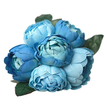 UESH-1 Buket İpek Çiçek Yapay Sahte Yaprak Düğün Ev Parti, Gelin Buketi Dekorasyon(mavi)Toplam uzunluğu 28cm Akış Rose