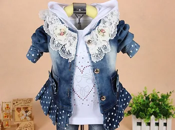 Yeni bahar kız dantel yamalı kot ceket+t shirt+kot giyim seç: bebek kız doğum günü sıradan çocuk giyim set setleri