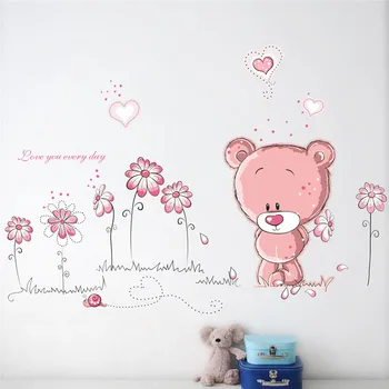 Sevimli sevimli ayı çiçek duvar çıkartmaları çocuklar için çocuk odası ev dekorasyonu bebek duvar çıkartmaları oda