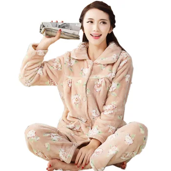 Sonbahar Kış Uzun Kadınlar Kalın Pijama Pijama Pijama Güzel Kadınlar Setleri Mercan Polar Eve takım Elbise XXL ev tekstili Flanel Kollu
