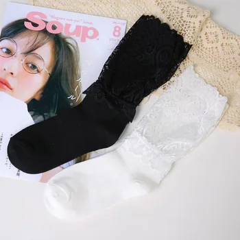 [COSPLACOOL] 2017 yaz seksi kadın Düz Renk Işık ince Harajuku Japon Dantel kenar Prenses tarzı siyah beyaz çoraplar