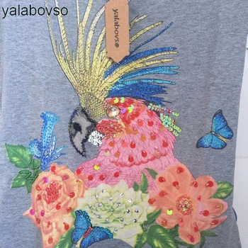 Rahat T Shirt Boncuk yaz Bayanlar Pamuk O Boyun Tees Slim 3D el Yapımı Büyük papağan Logo kadın T-shirt Pailltte