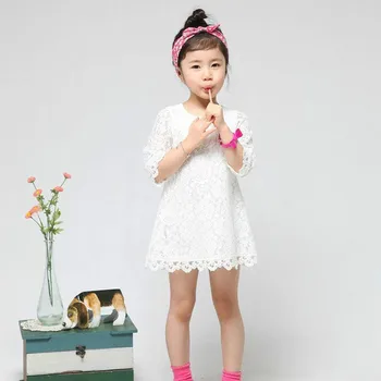 Bebek Kız Orta VYU Moda Kore Çocuk Giyim Güzel Beyaz Elbise, Dantel Mini Elbise, Bebek Çocuk Kostüm Kollu