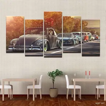 Modern Ev Duvar Sanatı Dekor Çerçeve Resim Tuval Retro Sunset Poster Baskılar, 5 Adet Volkswagen Beetle Araba Resim Hd