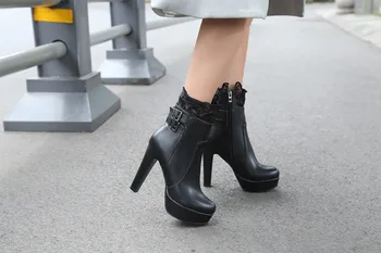 Siyah Beyaz Kahverengi Ayakkabı Kadının asıl Niyeti Güzel Kadın ayak Bileği Dantel Yuvarlak Ayak Kare Topuklu Çizme 4-13 Boyutu BİZE Çizmeler