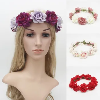 Kadın Gelin Düğün Başlık için bohem Tarzı Renkli Çiçek Baş Tacı Zincir El Örgü Çiçek Çelenk Hairband