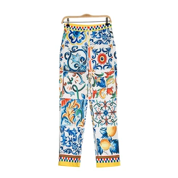 High Street Vintage 2018 Bahar Yeni Çiçek Baskı Setleri Büyük Batwing Kol Gevşek Kazak Moda Yetiştirmek Buzağı Uzunluğu Pantolon+