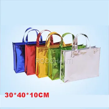 30*40*10CM 10 adet fabrika kabul promosyon hediye çantası için kalın yüksek kaliteli Lazer film olmayan dokuma alışveriş torbaları doule özel