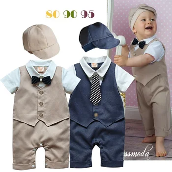 0 2018 Lacivert Bej Moda Bebek Erkek Kıyafetleri-garantisi 2 senedir Bebek Tulum Smokin Tulum+Şapka Yelek Bebek Giyim Kostüm Parti Elbise Ayarlayın