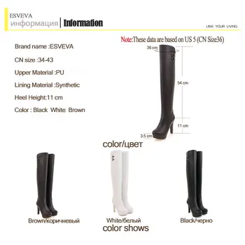 Diz Üzerinde İnce Bak Yuvarlak Ayak Kare Yüksek Topuk Kadınlar için Seksi Platform 3.5 cm Çizme Bot ESVEVA 2018 Kadın Çizmeler Boyutu 34-43