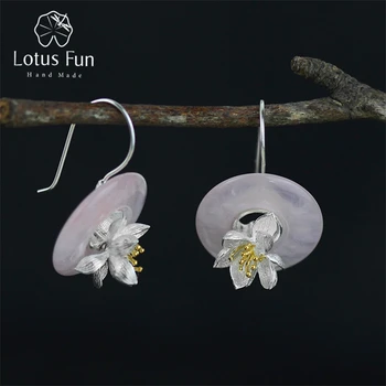 Kadınlar Brincos için Lotus Eğlenceli Gerçek 925 Gümüş Doğal Taş el Yapımı Yaratıcı Güzel Takı Lotus Fısıltılar Dangle Küpe