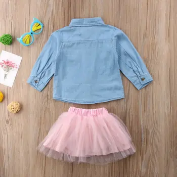 Yaz Bahar Çocuk Giyim 2018 Yeni Sevimli Çocuk Kız Bebek Denim Shirt+Tutu Yay Dantel Etek 2 adet Giysileri Bebek Giysileri Üstleri