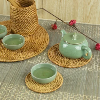 Rattan Çay Bardak Altlığı İçki Masa Mat Paspaslar Yuvarlak El Yapımı Kungfu Çay Kahve Çaydanlık 6 Boyutları Mutfak Ev Yer Kaplaması Pad Set