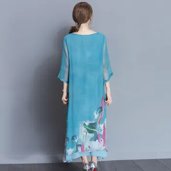 Artı Boyutu Yüksek Kalite Zarif Yaz Kadınlar Baskılar Casual Gevşek Üç Çeyrek Kol O-boyun Maxi Elbise QH0057 Şifon Elbise
