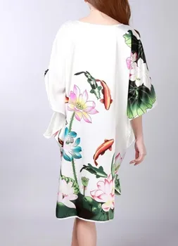 Yepyeni Beyaz Kadın Faux İpek Elbise Çin Baskılı Pijama Yenilik Kimono Kaftan Gecelik Yaz Geceliği Bir Boyut WC066
