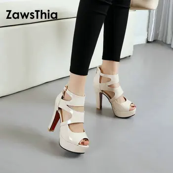 ZawsThia 2018 patent PU deri beyaz kızlar yüksek topuk platform peep yaz kadın ayakkabı kadın sandalet gladyatör ayak spike