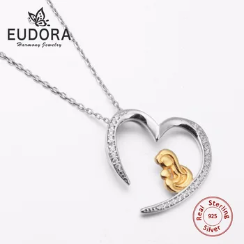 Eudora Orijinal 925 Gümüş Altın Rengi Anne kucağında Sevgi dolu Gümüş Zincir Pandants Kadın Moda Takı Kolye