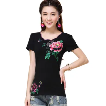 Kalite 4XL Nakış Kadın T-Shirt Vintage İnce Kazak T Shirt Pamuk Blusas Feminina Yaz Rahat Vücut Tee Tops