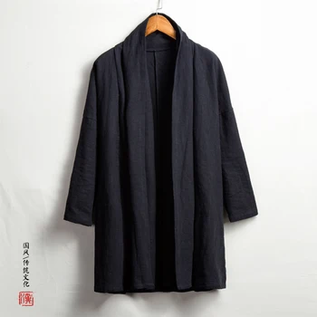 Erkek Palto Qualiyt Pamuk Keten Uzun Ceket Çin Kongfu Tarzı Ceket Erkek Gevşek Kimono Hırka Yüksek