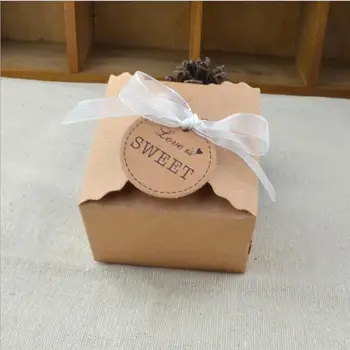 Etiket Kahverengi Kare Şeker Kutuları ile %100/çok Doğal Kraft Kağıt Düğün Şeker Kutusu rustik düğün iyilik Malzeme