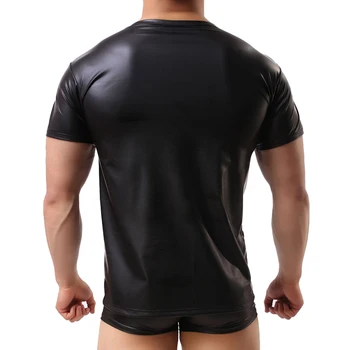 DİMUSİ PU Deri Gömlek Erkek Spor Gay Seksi Üstleri T-shirt Tee Mens sahne T-shirt O-Boyun Seksi Erkek Rahat Kıyafet PA070 T