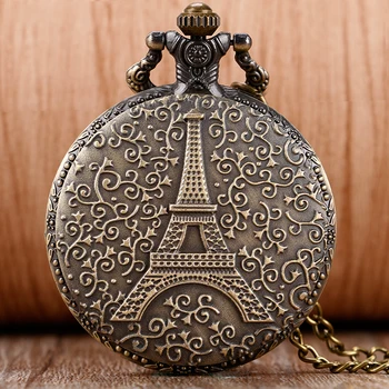 Kadınlar, genç Kızlar için Kolye Zinciri ile moda Hollow Paris Eyfel Kulesi Kılıf Tasarım Cep saati Erkek Relojes de bolsillo