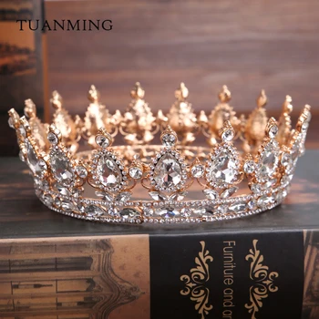 Barok Vintage Altın Gümüş Yuvarlak Kristal Düğün Saç Aksesuarları Taç Kral Kraliçe Tacı Saç Takı Balo Parti Hediye Gelinlik