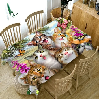 Düğün için özelleştirilebilir 3D masa Örtüsü Sevimli Kedi Ailesi Desen Yıkanabilir Kumaş Kalınlaştırmak Dikdörtgen ve Yuvarlak Masa örtüsü