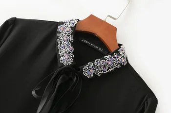 VOGUEİN Yeni Kadın Moda Siyah Yaka Papyon Toptan 3/4 Kollu Mini Elbise Kravat Boncuklu