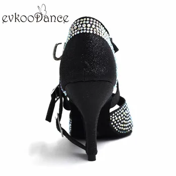NL170 siyah Parlak Ayakkabılar Ve Rhinostone De Baile Yüksek Topuk 8 cm Profesyonel Boyutu BİZE 4-12 burnu Açık Kadın Saten Latin