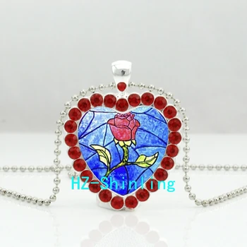 Yeni Kırmızı HZShinling Kalp Kolye Rose Güzellik ve Canavar Kristal Kolye Prenses Mücevher Kalp HZ6 Anime Kolye Şeklinde