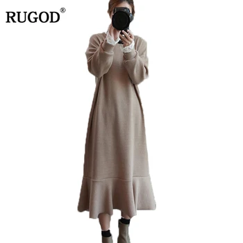 RUGOD Yeni Yıl Bahar Artı Boyutu Kadın Kazak Elbise kış Elbise Kadın Gevşek Elbise Katı Kazak Sıcak Femme Elbise Knittied
