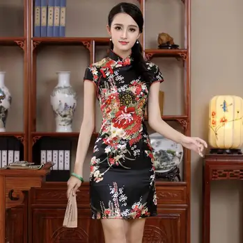 Seksi Mini Rayon Kadın Kısa Kollu Qipao Çince Vintage Mandarin Yaka Cheongsam Kısa Mini Çiçek Drees S M L XL XXL JY013