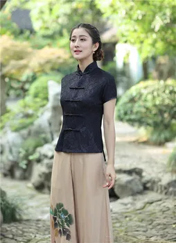 Seksi Siyah Dantel Kadın Yaz Kısa Kollu Bluz Çin Vintage Düğme Gömlek Mandarin Yaka Giyim M L XL XXL XXXL 2520-1
