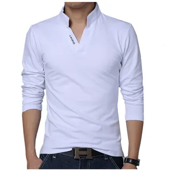 2018 Erkekler Yaka Uzun POLO Gömlekleri Saf Renk V Erkek Kol Standı boyun POLO Büyük Boy Gömlek 5XL Butik Pamuk Leisure Moda - -