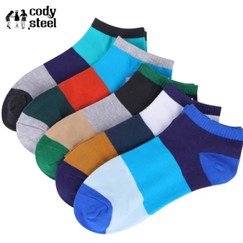 Cody Çelik Erkek Pamuk Tekne Çorap Erkek 5pairs/lot Kısa Karışık Renkler Sığ Ağız Çorap Modası Geniş Çizgili Erkek Çorap