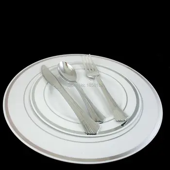 120 Kişi Tek Kullanımlık Düğün Yemek Parlak Gümüş Çatal Bıçak Takımı Çatal/Kaşık/Bıçak İle Sert Plastik Tabak Gümüş Kenarlı Sofra