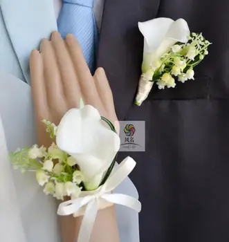 Avrupa Tarzı Düğün Damat yaka çiçeği Gelin buketi El Bilek Çiçek Yapay PU Calla Lily Çiçek Nedime Korsajı