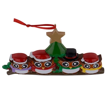 Dekoratif el sanatları için yeşil ağaç altın yıldız ile 4 ahşap parlak kişiselleştirilmiş Noel süsleri baykuş aile