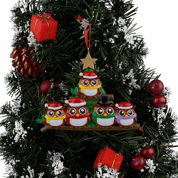 Dekoratif el sanatları için yeşil ağaç altın yıldız ile 5 ahşap parlak kişiselleştirilmiş Noel süsleri baykuş aile