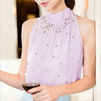 Yaz En İyi Kadın Kore Moda Tatlı Boncuk Şifon Bluz Femme Kolsuz Şifon Bluz Gömlek Blusa Feminina Bluz