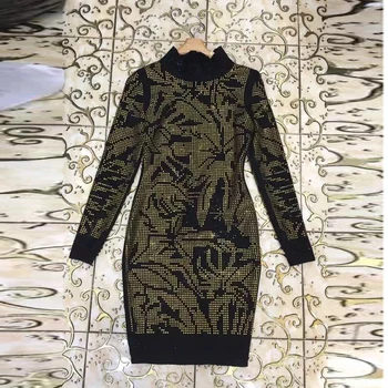 YÜKSEK KALİTE Yeni 2017 BAROCCO Tasarımcı Pist Elbise Kadın Uzun Kollu yapay Elmas Elmas Streç Bodycon Elbise Süslenmiş