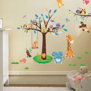 Oturma Odası Bebek Çocuk Odası Çocuk Odası için yeni Varış Hayvan Cenneti Hayvanat Bahçesi Duvar Sticker Zürafa Maymun Ormanı Ağaç Duvar Çıkartması Dekorasyonu